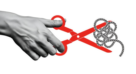 Untangling Success: Hand Cutting Through Complex Challenges with Bold Red Scissors