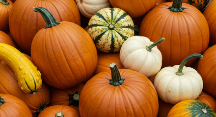 A Vibrant Harvest Medley of Diverse Pumpkins, Squash, and Gourds