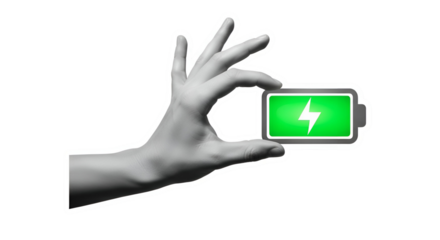 Hand holding a vibrant green battery displaying energy, charge, and sustainability theme