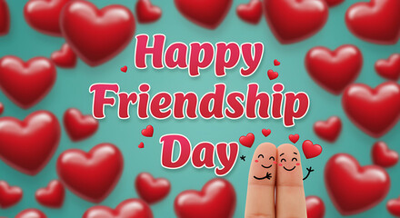 Friendship day celebration: A heartwarming celebration of friendship day, adorned with floating red hearts and playful finger figures, evoking love, care, and lasting bonds
