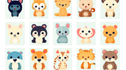 set of adorable zoo animal flashcards for kids on white background