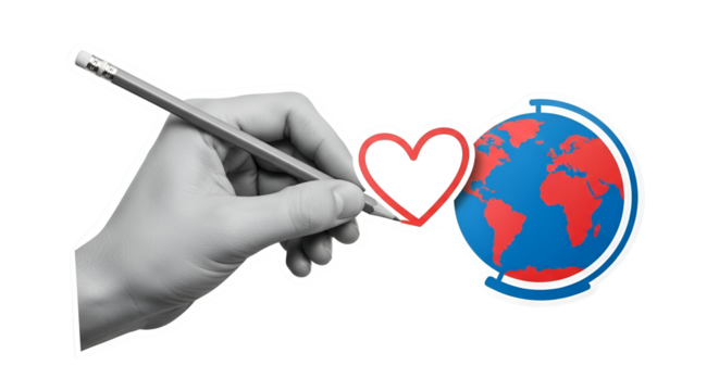 Global Love: Hand Drawing Heart Around World Globe, Symbolizing Unity and Connection Worldwide