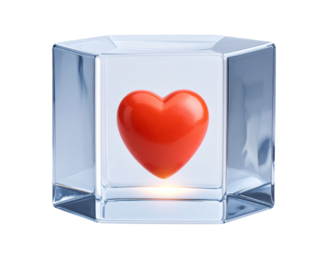 Minimal Digital Heart in Frosted Glass Cube with Subtle Glow, Front View, Isolated PNG - Powered by Adobe