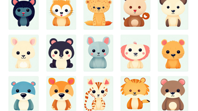 set of adorable zoo animal flashcards for kids on white background