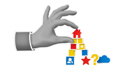 Hand building a colorful structure with business icons for a bright future and success.