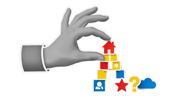 Hand building a colorful structure with business icons for a bright future and success.