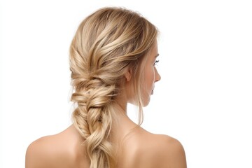 Fototapeta premium Bare backed blonde girl with long braided hair on a white background