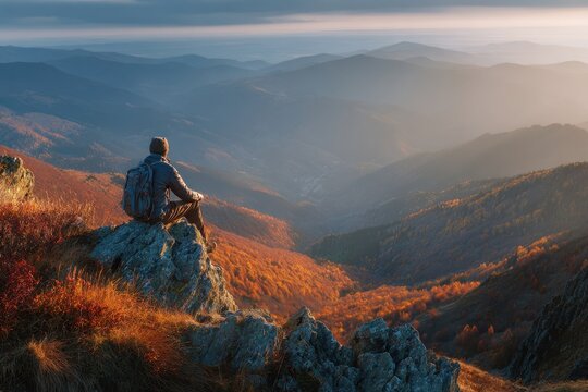 Autumn mountain hiker deep in thought about the scenery