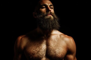 Fototapeta premium Bearded man beside a shirtless athlete against a dark backdrop