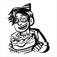 Lineart Bring Cake Character Vector Illustration Minimalist Lineart Style