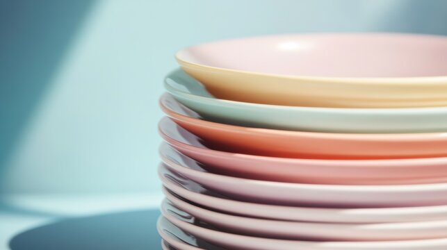 A stack of pastel-colored plates arranged elegantly, showcasing a blend of soft hues against a light background.