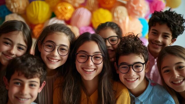 Group of smiling children pose together with colorful decorations during a joyful celebration at a vibrant indoor venue