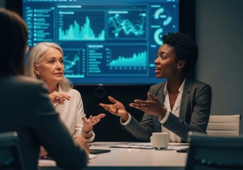 Diverse business professionals discussing data analytics on a large screen