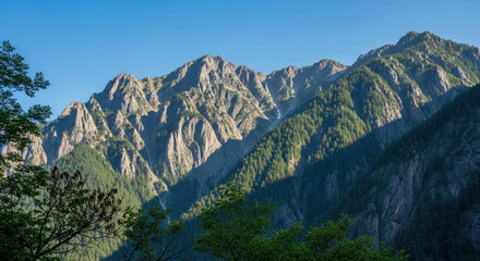 Obraz premium Majestic rocky mountain peaks bathed in sunlight with lush green forest foreground