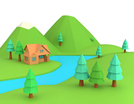 Isometric Lowpoly Terrain with River, Hills, and Stylized Fir Trees, Minimalist Design, Isolated. - Powered by Adobe