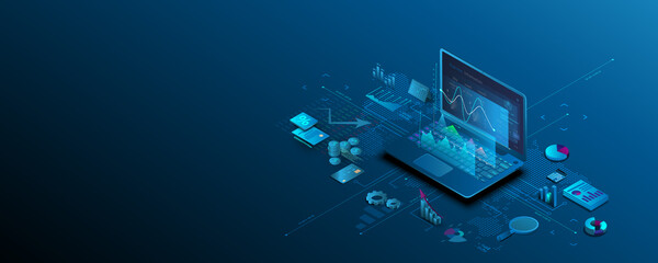 laptop technology Data analysis graphs, economics, finance and marketing, investing, stock trading.