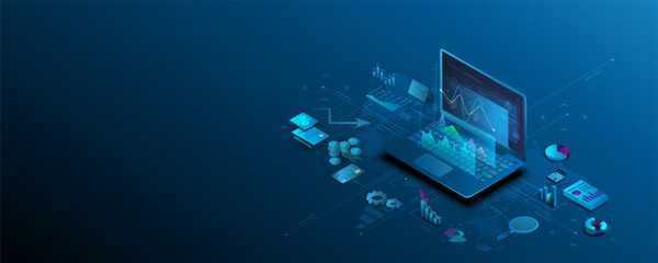 laptop technology Data analysis graphs, economics, finance and marketing, investing, stock trading.