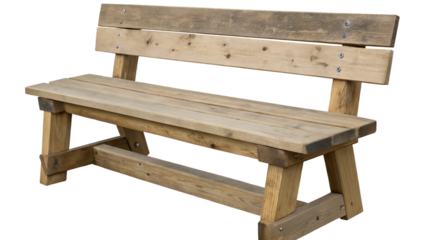 a rustic wooden bench with a weathered finish, featuring a backrest and a solid seat supported by sturdy legs. The wood has a natural, aged appearance with visible grain and some wear.