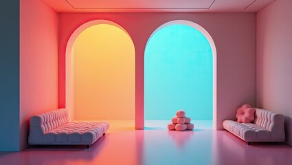 Colorful interior design with arched doorways and plush seating.