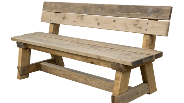 a rustic wooden bench with a weathered finish, featuring a backrest and a solid seat supported by sturdy legs. The wood has a natural, aged appearance with visible grain and some wear.