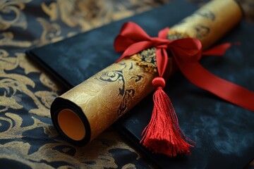 Fototapeta premium Elegant scroll tied with a red ribbon on a dark surface, closeup view
