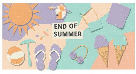 End of summer beach party scene with ice cream and sun