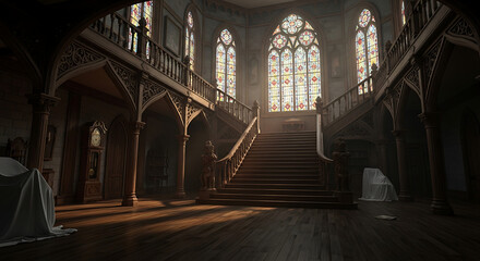 Grand staircase welcomes with stained glass and classic architecture creating an amazing space