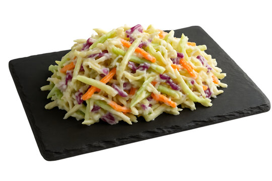 Creamy Coleslaw a delicious mix of shredded cabbage carrots and red cabbage served on a black slate plate