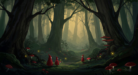 Enchanted forest scene with tiny elves and glowing mushrooms