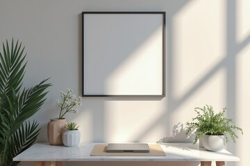 Empty framed poster on a light beige wall in a modern office space.