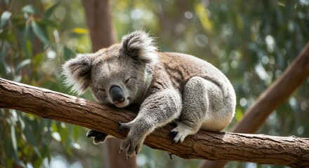 Obraz premium Cute Gray Koala Sleeping on Tree Branch in Natural Forest Setting
