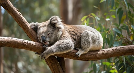 Obraz premium Young Koala Sleeping on Tree Branch in Natural Forest Setting