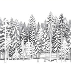 A detailed architectural drawing of a dense forest elevation, featuring a variety of deciduous and coniferous trees with intricate line work and fine textures.