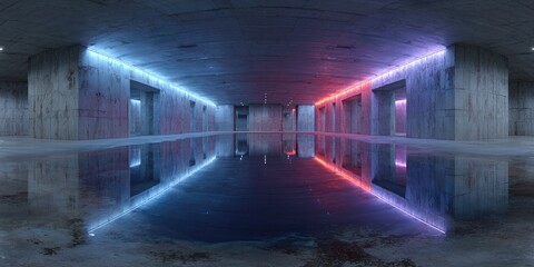 Fototapeta premium Neon-lit concrete tunnel with water reflection (1)