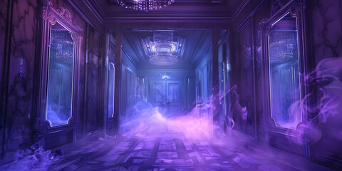 Futuristic Corridor with Glowing Blue Lights and Misty Atmosphere