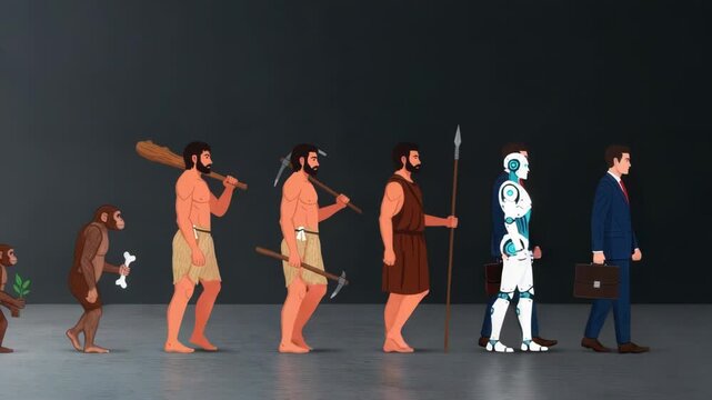 The evolutionary journey from ape to human and finally to a futuristic robot, showcasing technological advancement and progress
