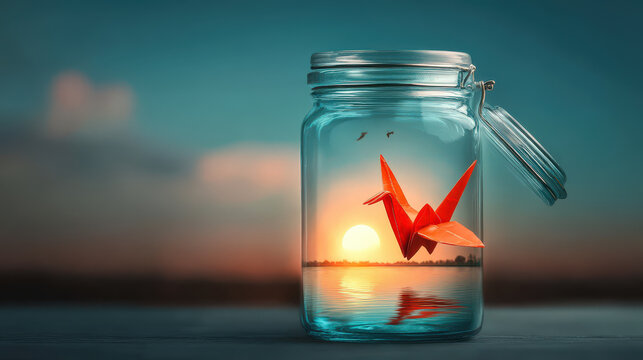 Vibrant origami crane is enclosed in glass jar against serene sunset backdrop, symbolizing concept of fixed mindset