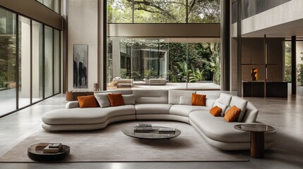 Modern curved sectional sofa in a spacious living room with garden view.  Possible use Interior design, furniture catalog