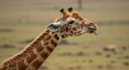Obraz premium Giraffe with Tongue Out in African Savanna Natural Landscape
