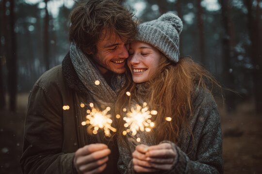 Couples in the woods joyfully celebrate the holiday with sparklers