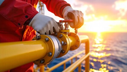 A worker wearing gloves and orange protective clothing operates a valve on a yellow pipe on an offshore platform at sunrise or sunset, creating a pan