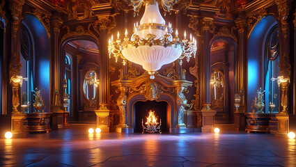 Obraz premium Opulent Royal Ballroom Grand Chandelier Fireplace Warm Ambiance