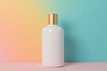 Empty white bottle with gold cap against a pastel background.