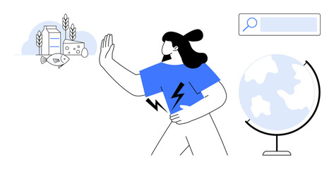 Woman holding her stomach while avoiding allergen foods thumbs up dairy, fish, and wheat. Includes search bar and globe. Ideal for health, allergies, research, food sensitivity, diet wellness