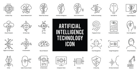 Artificial intelligence technology related set of icons in black outline style design set up neatly