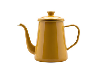 Classic yellow enamel gooseneck kettle for pour over coffee brewing isolated on transparent background
