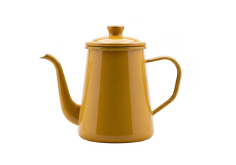 Classic yellow enamel gooseneck kettle for pour over coffee brewing isolated on transparent background