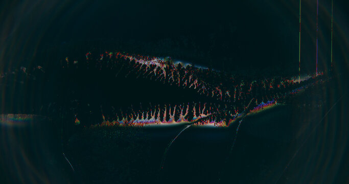 Pixel screen. Distortion noise. Blue orange color glitch frequency artifacts film digital wave dark black art abstract background.