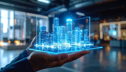 A futuristic smart city depicted as a holographic digital model held in a human hand, symbolizing advanced technology, urbanization, and innovation in city planni