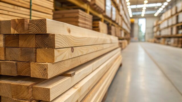 Close Up of Stacked Wooden Planks in Hardware Store for Construction and Carpentry Concept